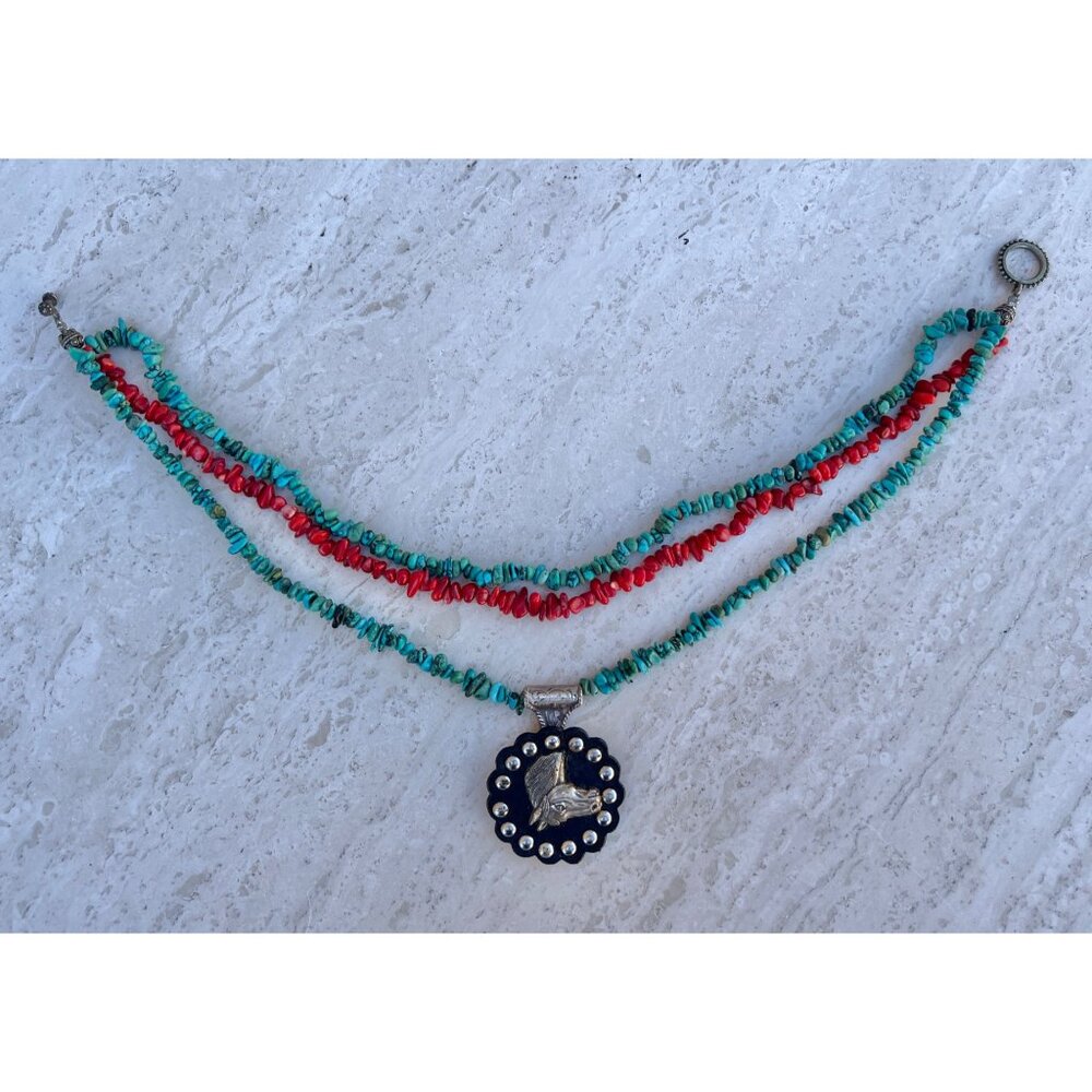 Turquoise & Vintage Coral Beaded Necklace Trigg Leather Horse Equestrian pendant - Picture 8 of 12